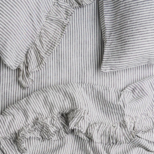 SOW charcoal stripe linen flat sheet with ruffle