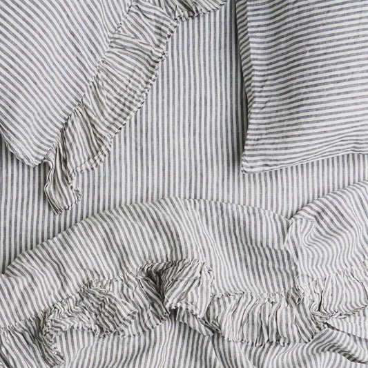 SOW charcoal stripe linen flat sheet with ruffle
