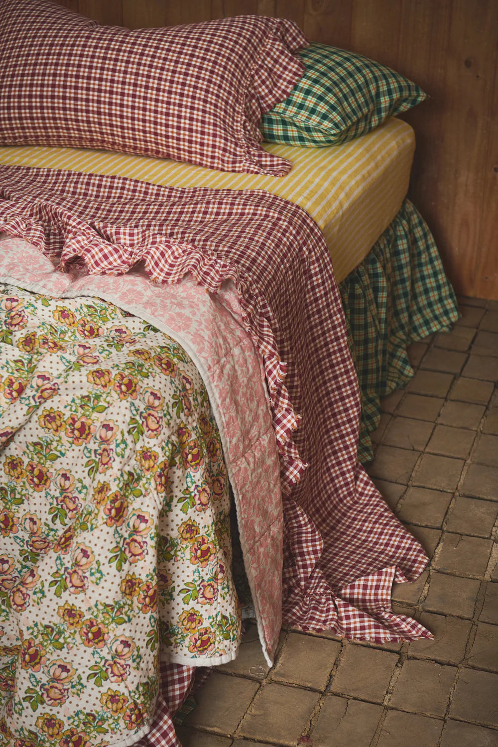 SOW gingham pillowcases with ruffle grevillea check
