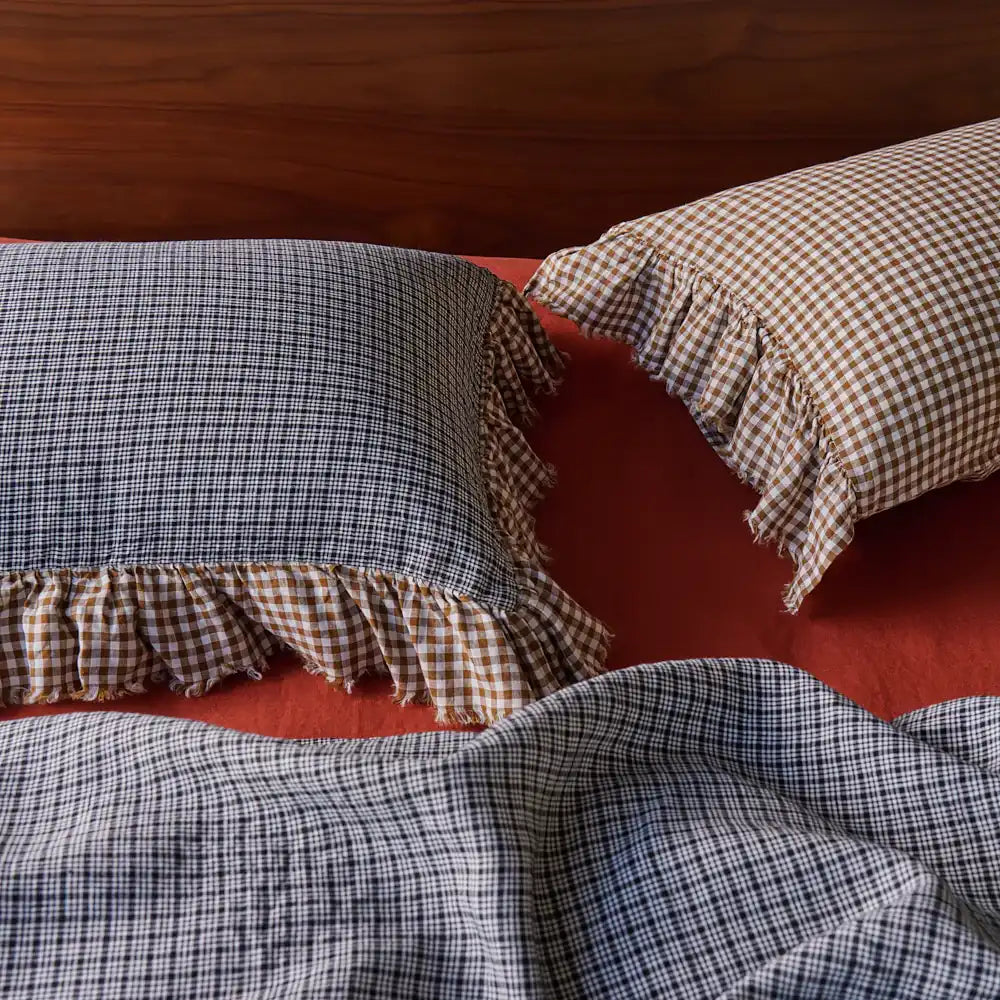 SOW gingham pillowcases with ruffle gumnut