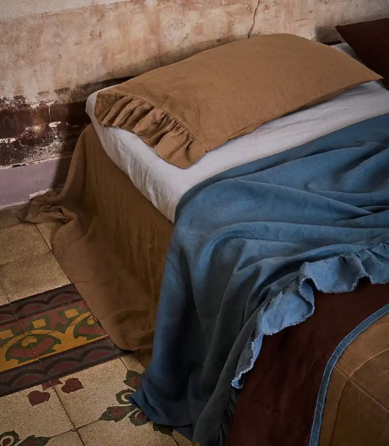 SOW linen flat sheet with ruffle blue jean