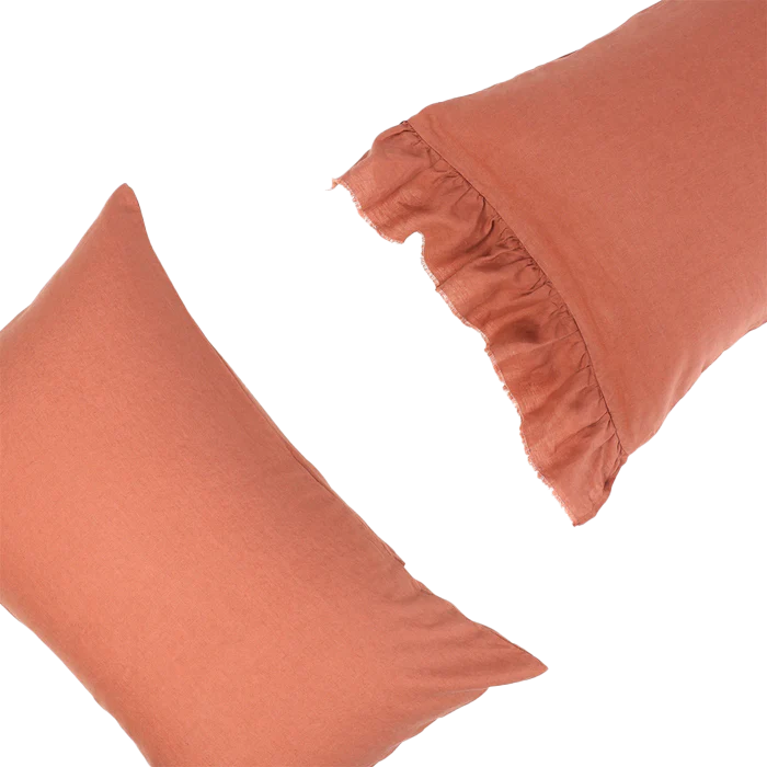SOW linen pillowcase set with ruffle terracotta