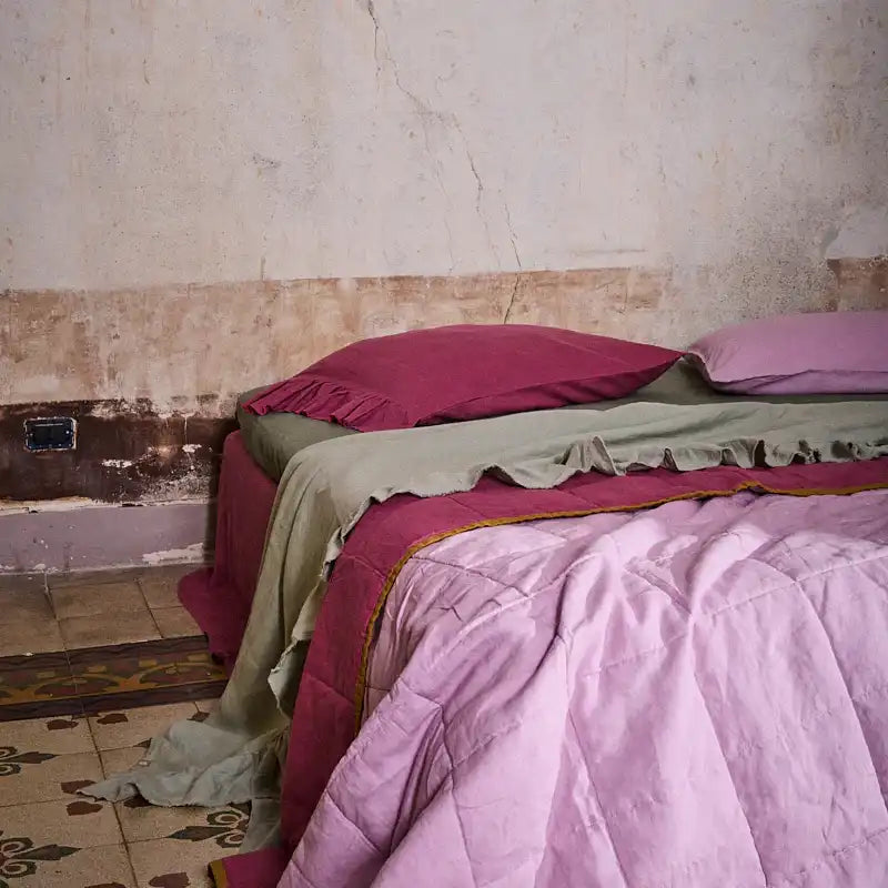 SOW linen pillowcase set with ruffle fuchsia