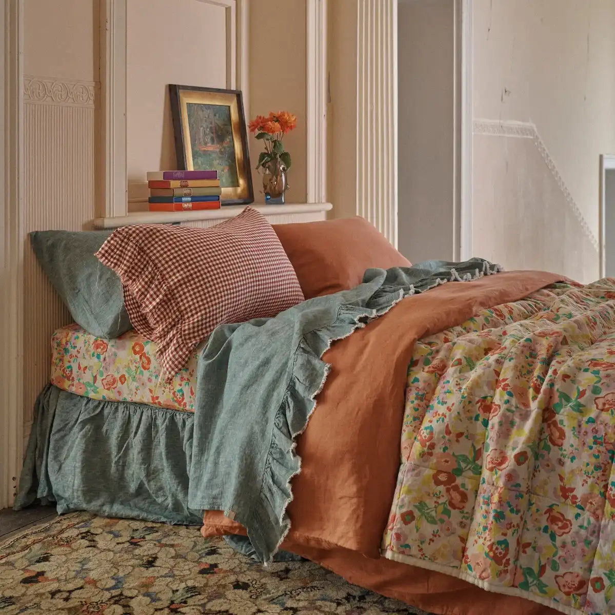 SOW mulberry gingham pillowcases with ruffle