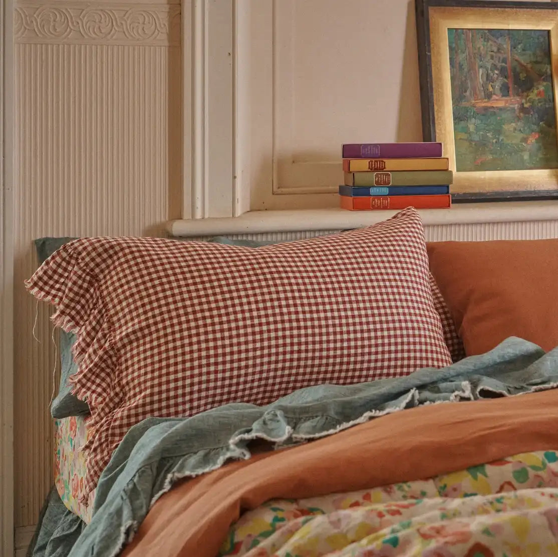 SOW mulberry gingham pillowcases with ruffle