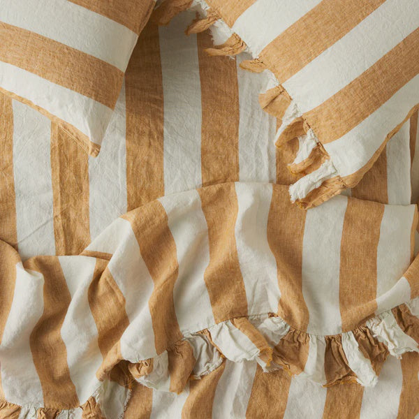 SOW turmeric stripe linen flat sheet with ruffle