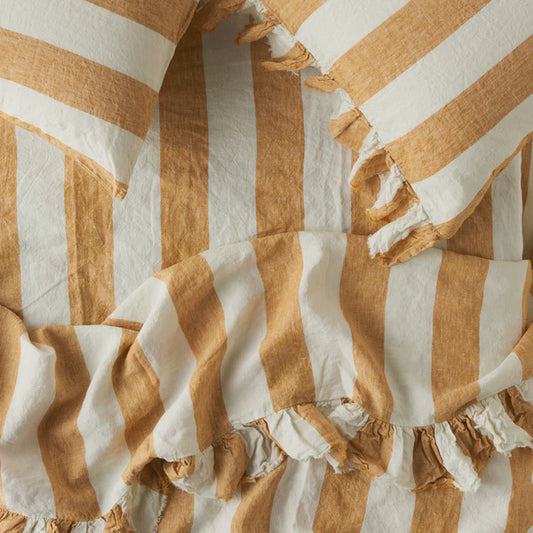 SOW turmeric stripe linen flat sheet with ruffle