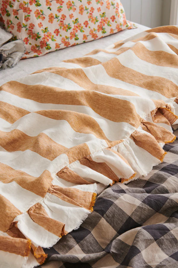 SOW turmeric stripe linen flat sheet with ruffle