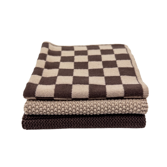 Set of 3 organic cotton knitted cloths chocolate & latte
