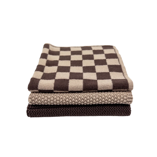 Set of 3 organic cotton knitted cloths chocolate & latte