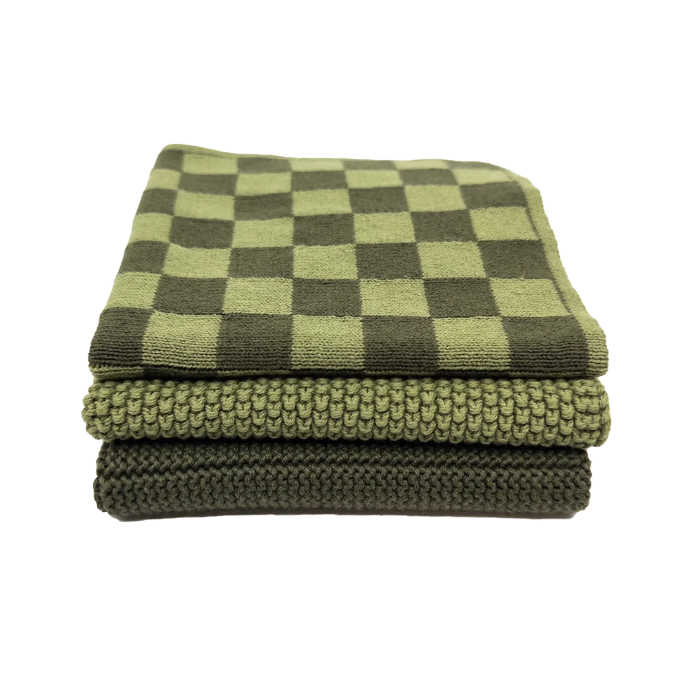 Set of 3 organic cotton knitted cloths moss