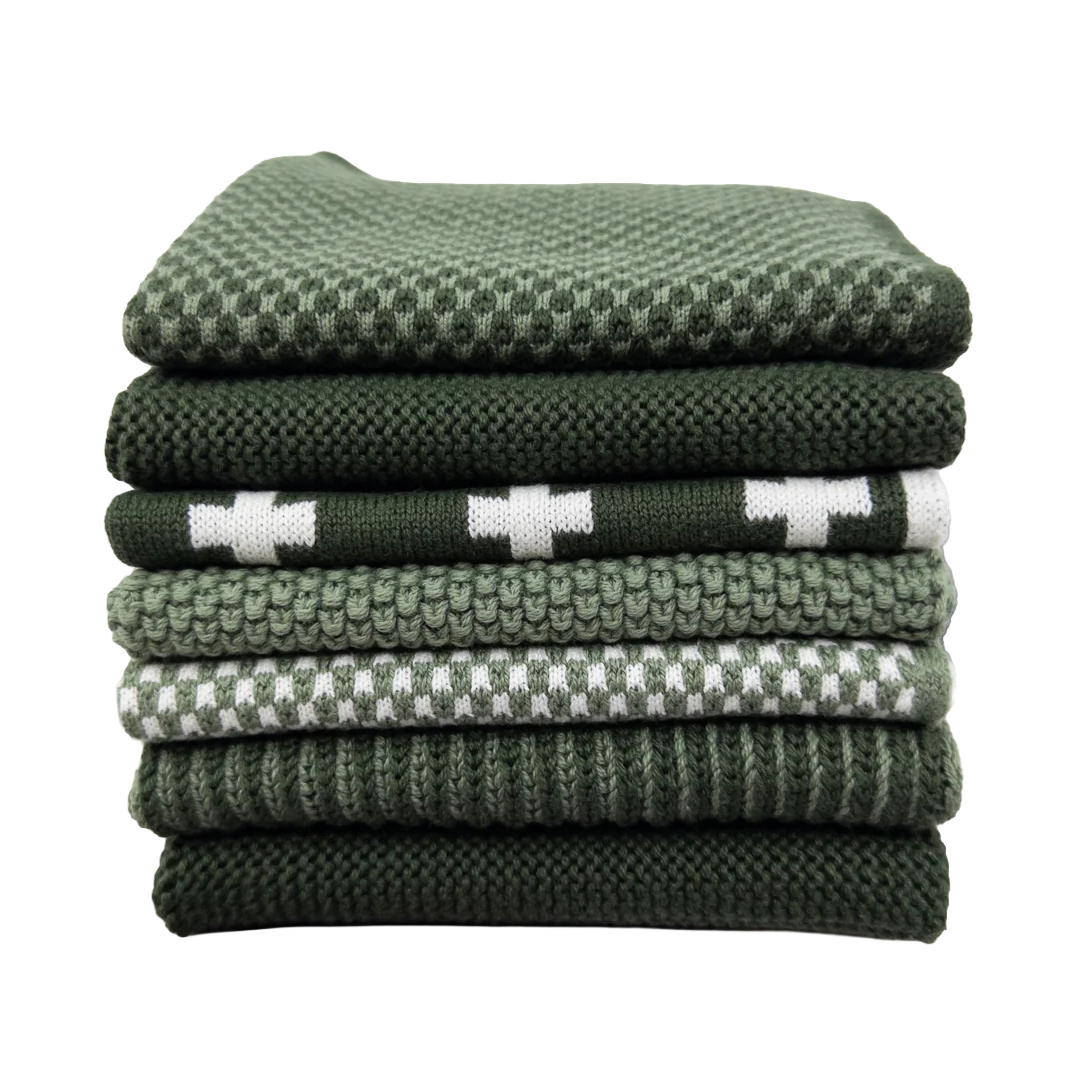 Set of 7 organic cotton knitted cloths green