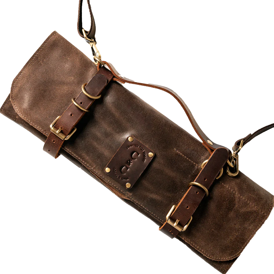 Leather six knife roll chocolate brown