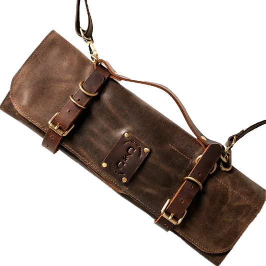 Leather six knife roll chocolate brown