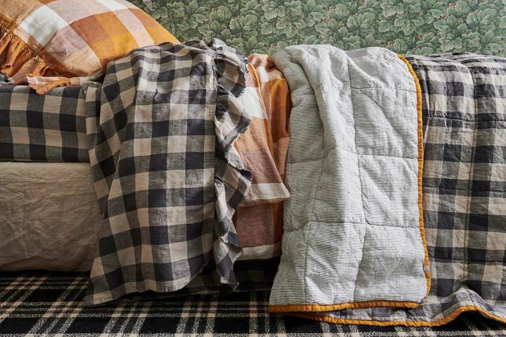 SOW licorice gingham linen flat sheet with ruffle