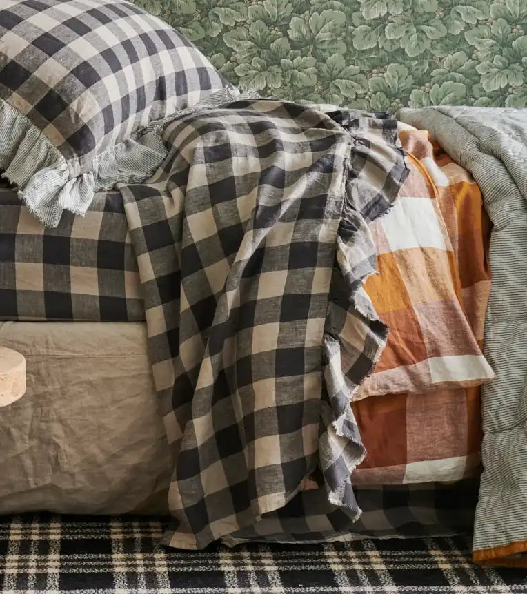 SOW licorice gingham linen flat sheet with ruffle