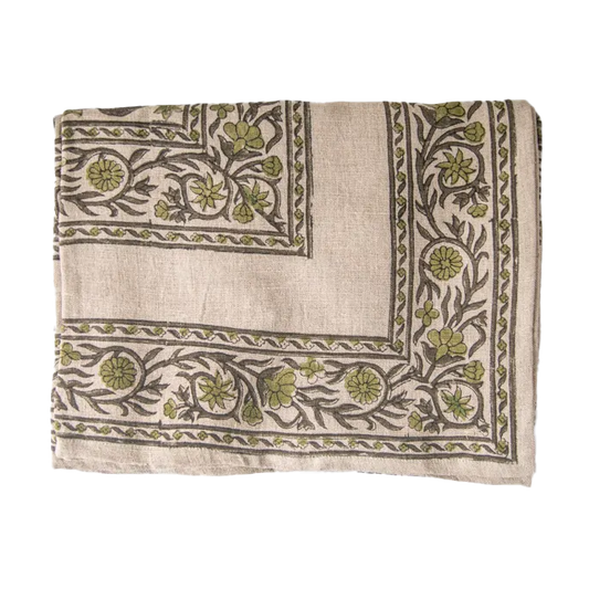 Solene block print heavy linen tablecloth 320cm