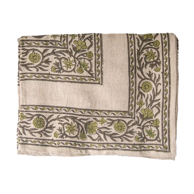 Solene block print heavy linen tablecloth 250cm long