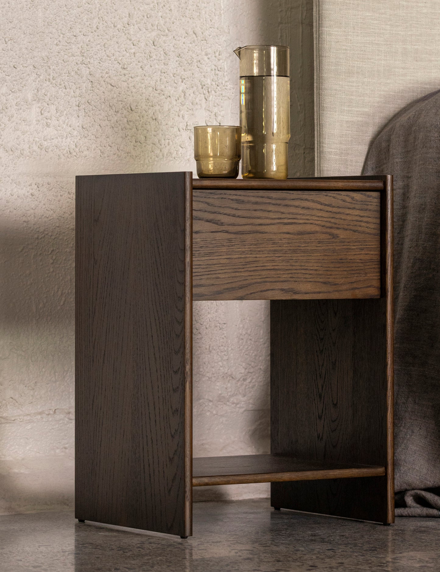 Switch veneer bedside table with drawer smoked oak