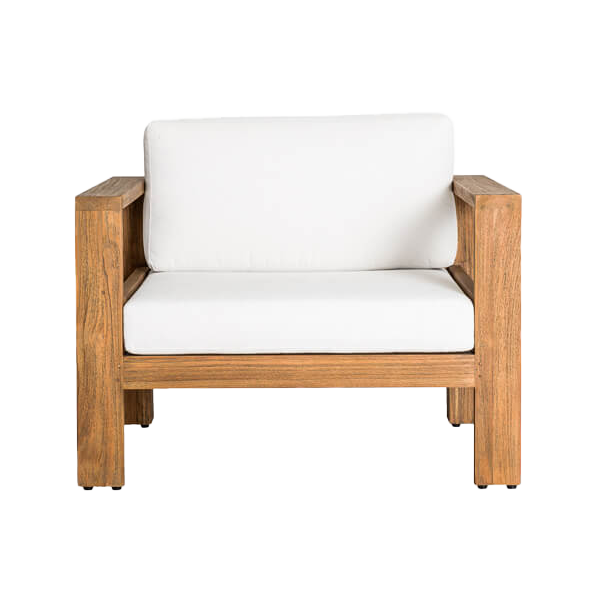 Outdoor teak armchair with white covers