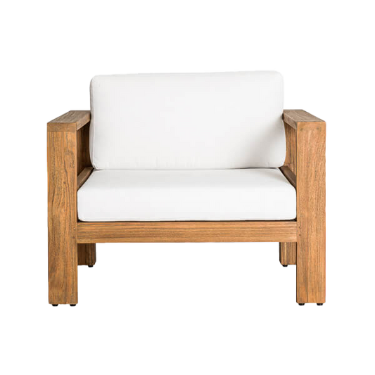 Outdoor teak armchair with white covers