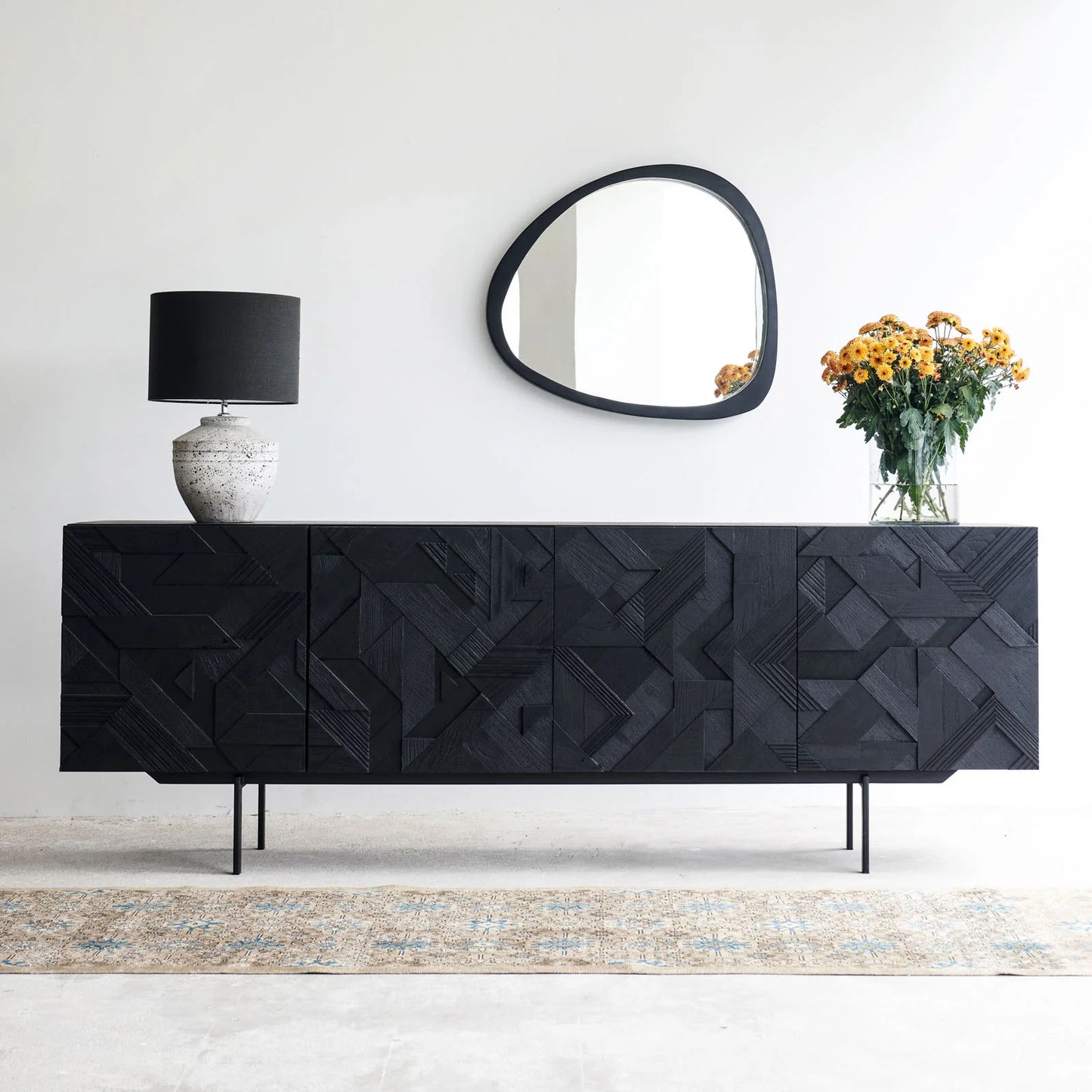 Teak geometric 4-door sideboard 224cm black