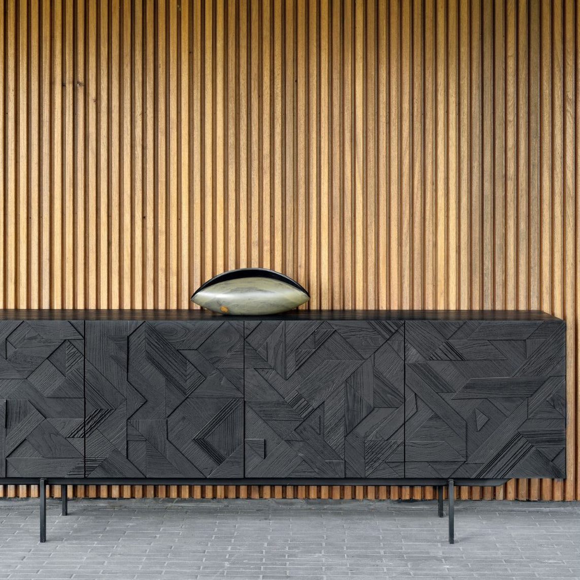 Teak geometric 4-door sideboard 224cm black