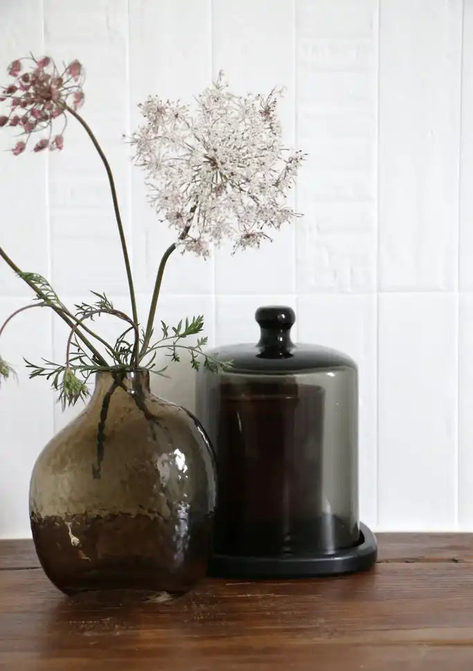 Smokey glass dome with wooden base