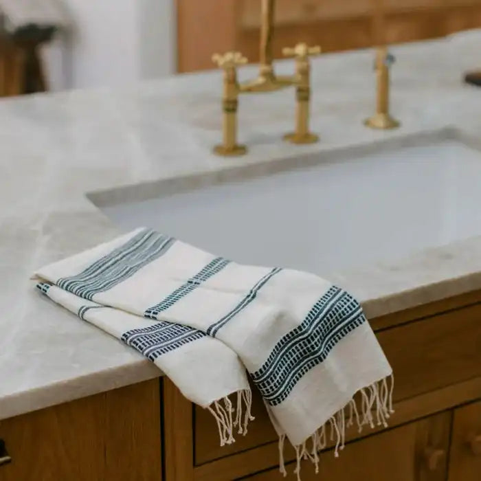 Handwoven hand towel natural with navy stripe
