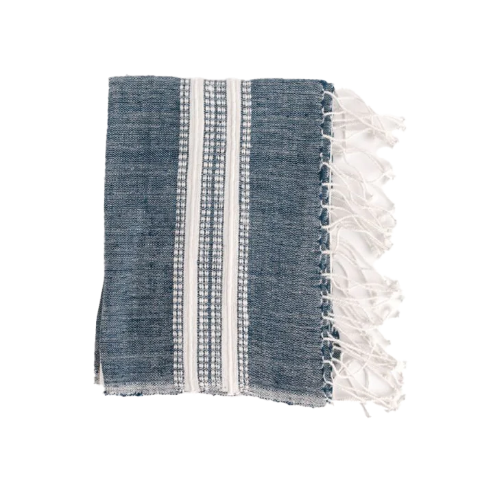 Handwoven hand towel navy with natural stripe