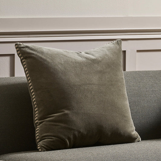 Edward velvet cushion cover with striped edge 50cm thyme