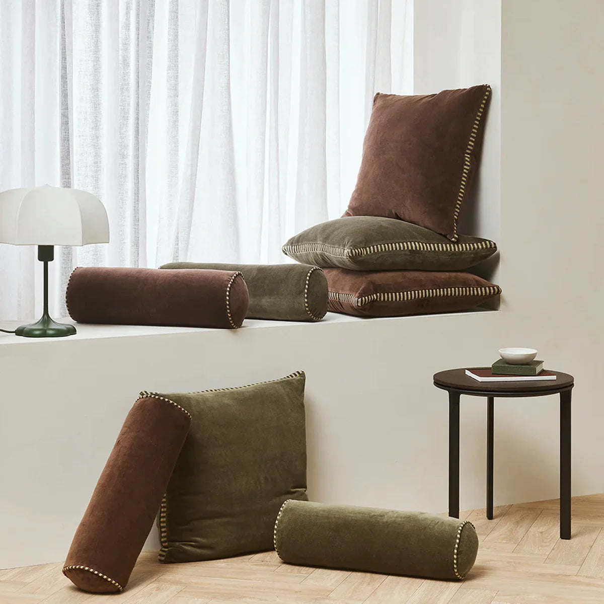 Edward velvet cushion cover with striped edge 50cm chocolate