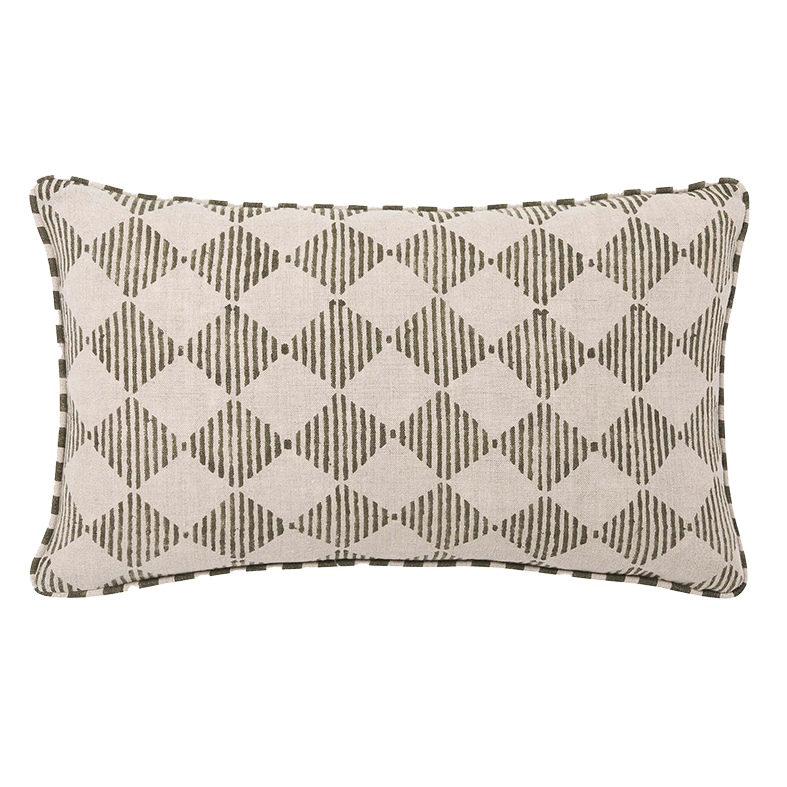 Quinn block print linen cushion cover 30 x 50cm olive