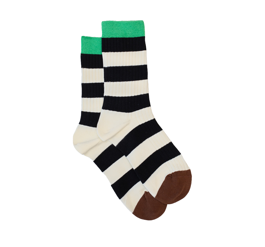 Ribbed socks green, black & cream stripe