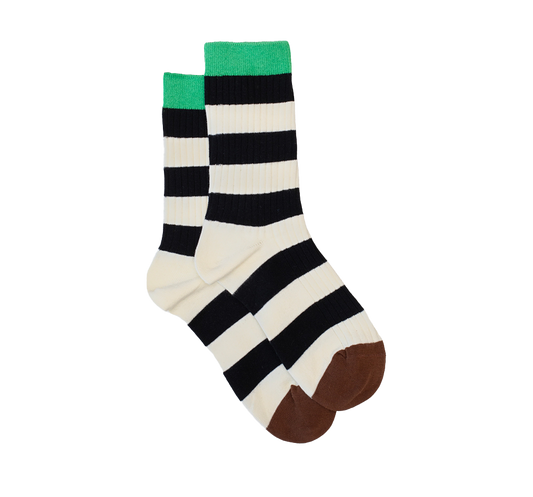 Ribbed socks green, black & cream stripe