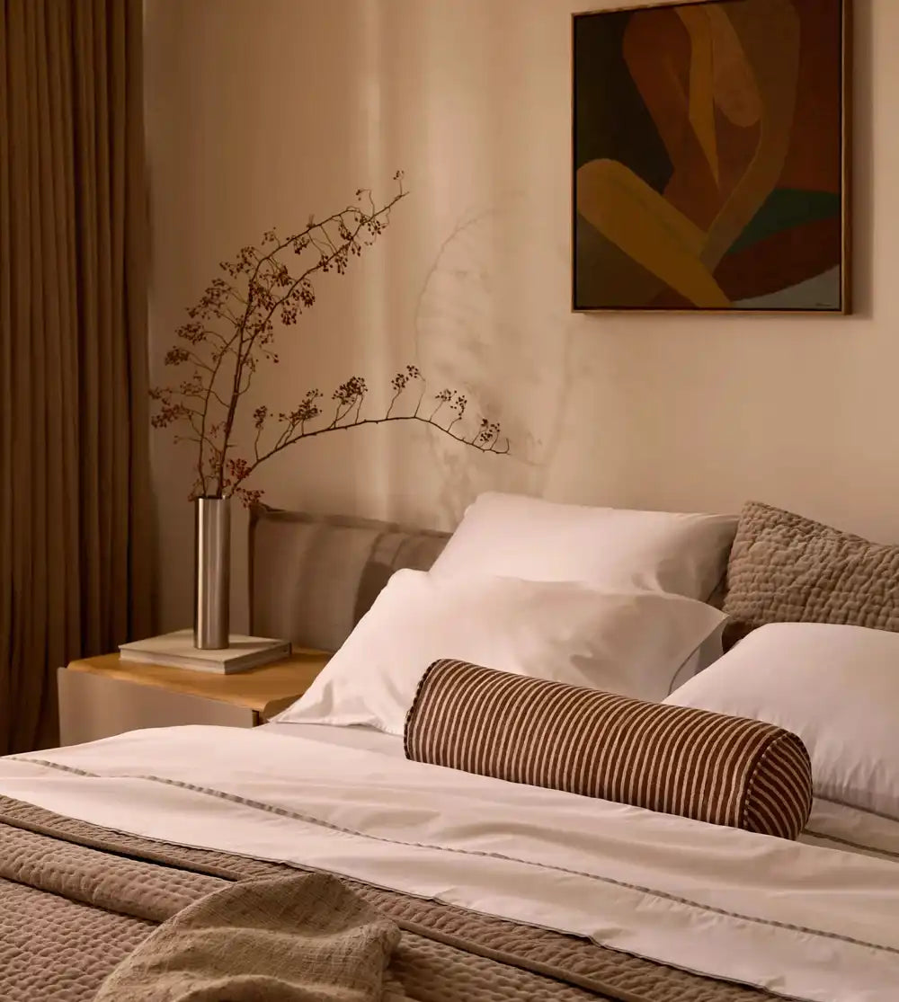 Margot linen striped bolster cushion 60cm clay