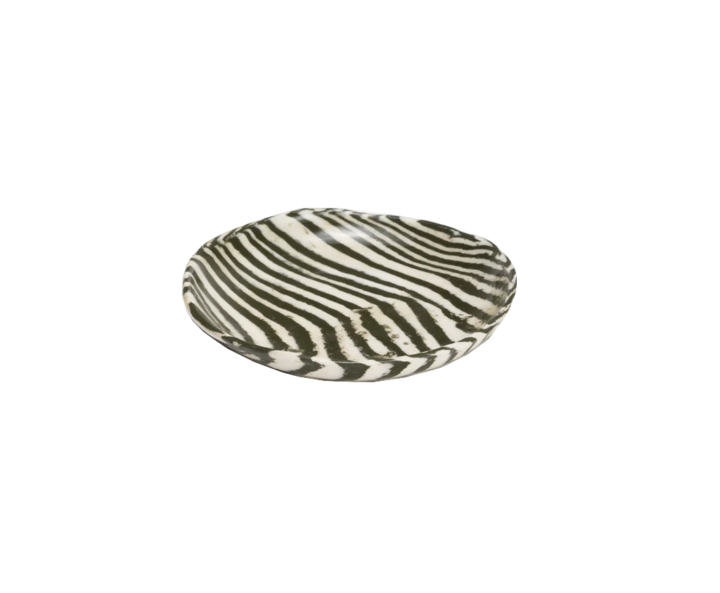 NZ made Mystery Creek small dish olive stripe 14cm