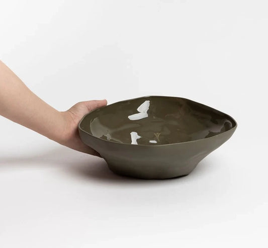 Ceramic organic shaped bowl olive 27cm