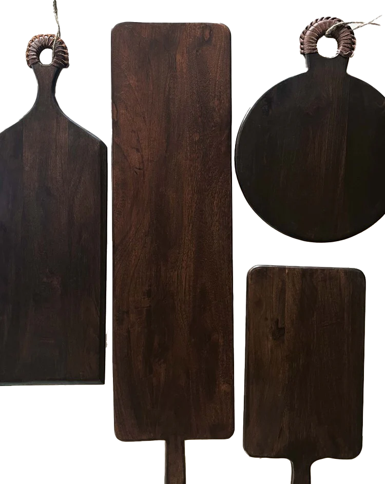 Round serving board with leather handle 36cm dark oak
