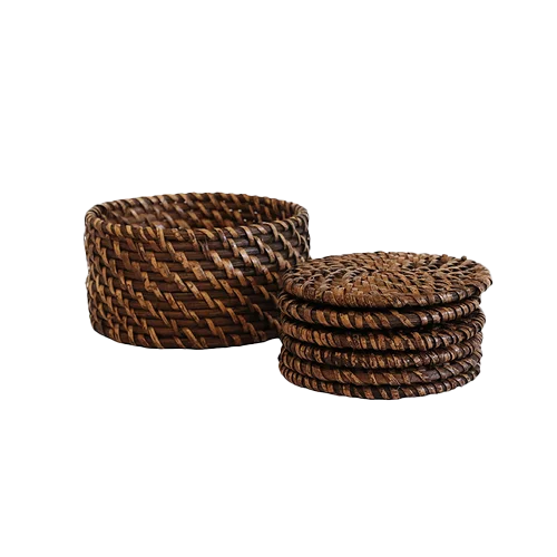 Rattan coasters in holder (6)