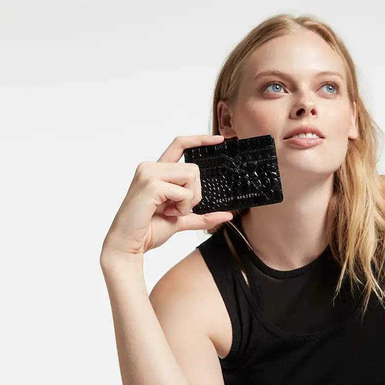 Leather card holder black croc