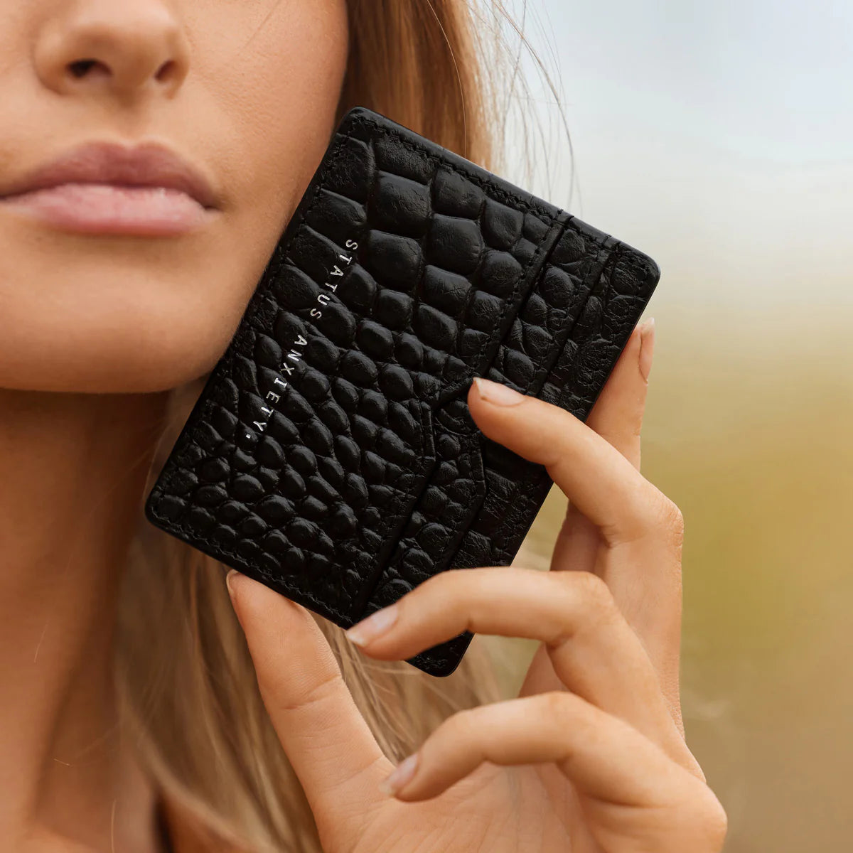Leather card holder black croc