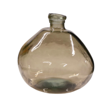 Wonky organic shaped round bottle, made of 100% recycled golden brown glass.  Dimensions: 33cm high x 33cm wide