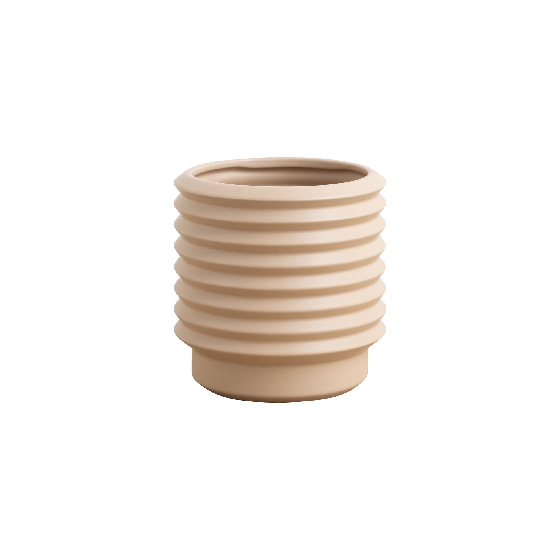 The Berlin planter is a beautifully textured stoneware pot complete with internal drainage saucer.  Colour: nude  Dimensions: 15cm high x 12cm diameter