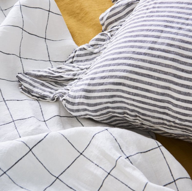 SOW charcoal stripe linen pillowcase set with ruffle