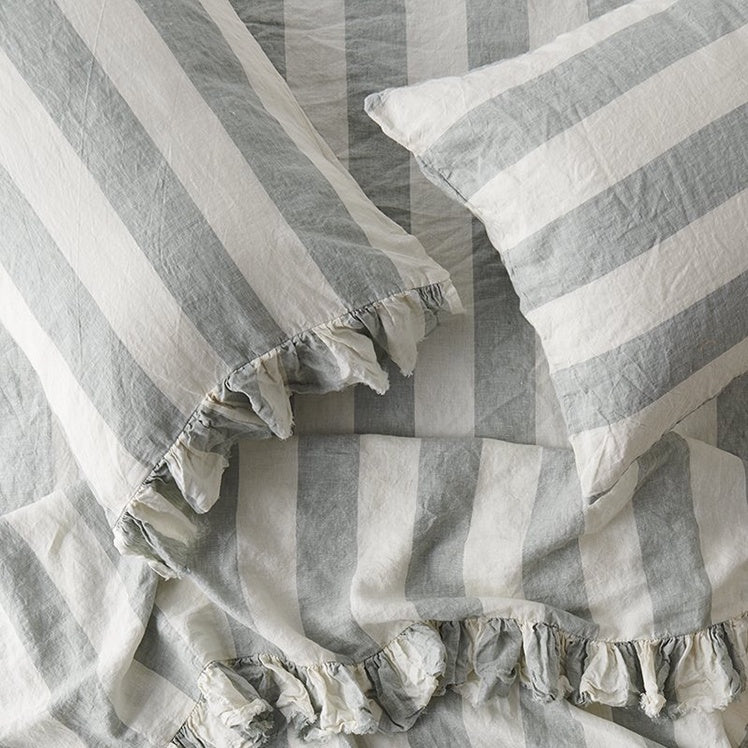 SOW stripe linen pillowcases with ruffle grey
