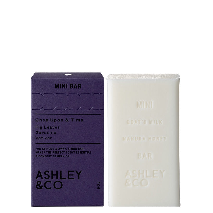 Ashley & Co's hand and body soap bar contains goat's milk and manuka honey to cleanse and calm your skin.  The mini bar is lightly fragranced with one Ashley & Co’s signature scents, Once Upon a Time, it has an old world scent of freshly picked green tea and white lilies.   Scent: Once Upon a Time    Size: 90g