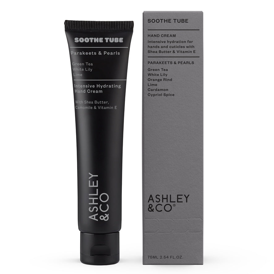 Ashley & Co's Soothe Tube hand cream smells great as well as being good for your skin. The intensive hydrating cream is a rich, yet non–greasy aromatic natural blend for parched hands & cuticles. The combination of shea butter, camomile extract & vitamin E soothes and nourishes hands.  The hand cream is lightly fragranced with one Ashley & Co’s signature scents, Parakeets & Pearls. It has an old world scent of freshly picked green tea and white lilies.