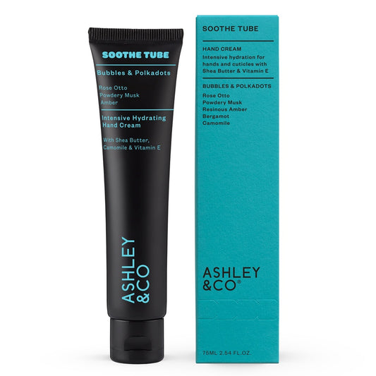 Ashley & Co's Soothe Tube hand cream smells great as well as being good for your skin. The intensive hydrating cream is a rich, yet non–greasy aromatic natural blend for parched hands & cuticles. The combination of shea butter, camomile extract & vitamin E soothes and nourishes hands.  The hand cream is lightly fragranced with one Ashley & Co’s signature scents, Bubbles & Polkadots. The scent is like fresh garden roses mixed with soft powdery musk smells.  Scent:  Bubbles & Polkadots  Size:  75ml