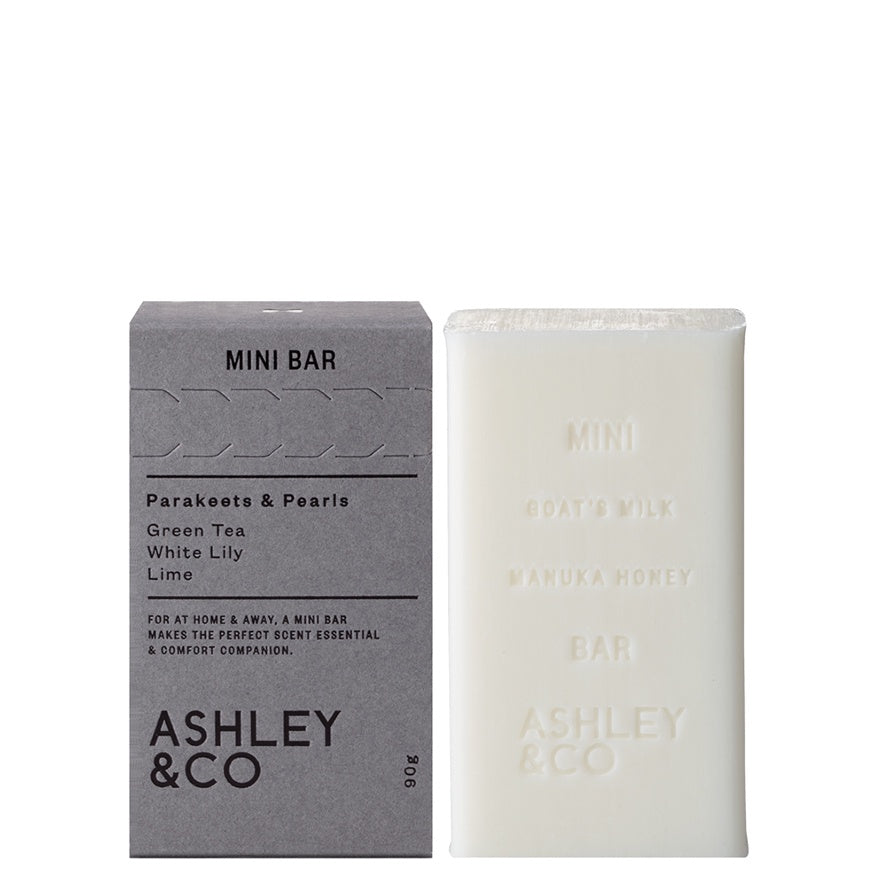 Ashley & Co's hand and body soap bar contains goat's milk and manuka honey to cleanse and calm your skin.  The mini bar is lightly fragranced with one Ashley & Co’s signature scents, Parakeets & Pearls, it has an old world scent of freshly picked green tea and white lilies.  Scent: Parakeets & Pearls    Size: 90g